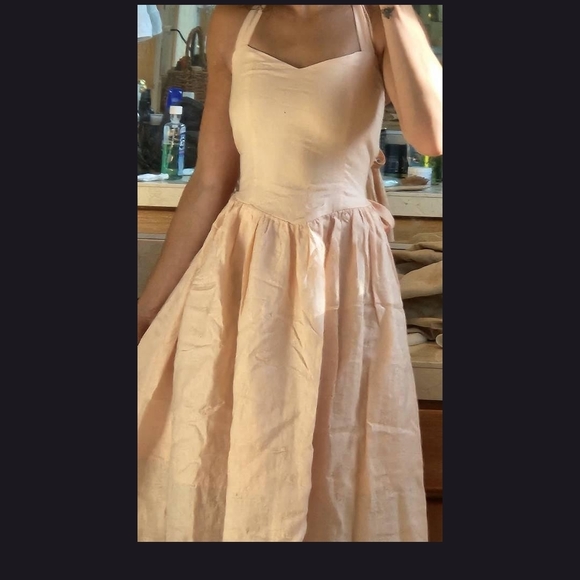 Chic Blush Eileen Fisher 100% Linen Midi Dress with Bow Straps